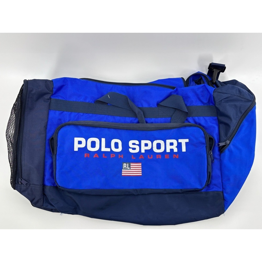 Polo Ralph Lauren Sport Duffel Bag Blue Black US Flag Logo Vintage Mens Travel